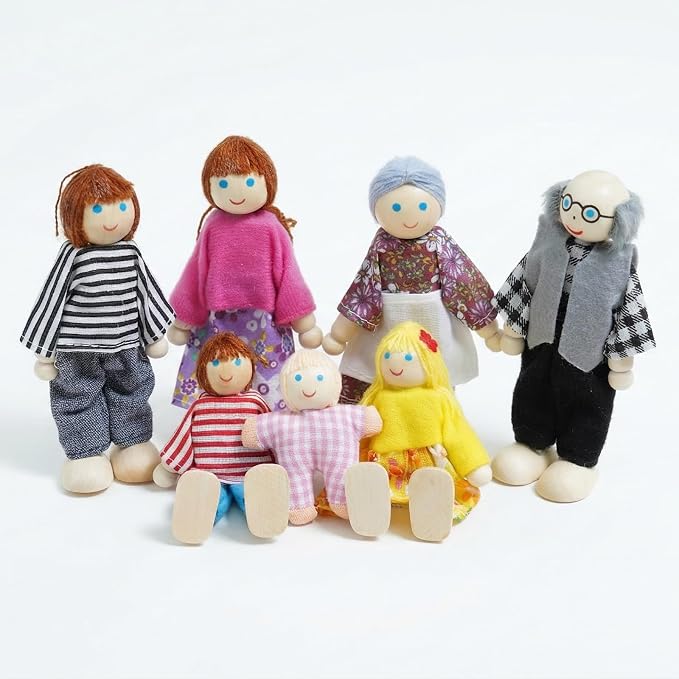 7PCS Wooden Dollhouse Dolls for Playing House Gifts for Children, Wood, Articulated Pretend Play Figures, Smooth Splinter-Free Wood, Montessori Family Set - 4.5In (Classic)