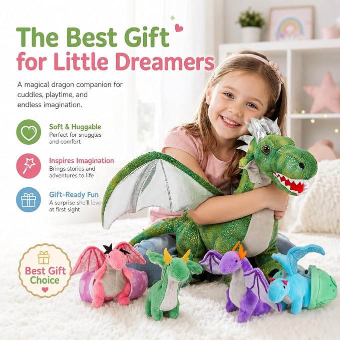 7Pcs Giant Green Dragon Plush Toy Set, 21.7" Big Mother Dragon Stuffed Animal with 4 Babies & 2 Eggs, Stuffed Dinosaurs for Kids Boys Girls, Cute Soft Plushies Gift for Birthday Christmas