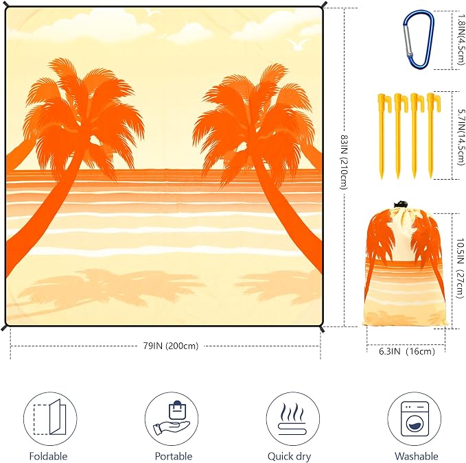 WIWIGO Beach Blanket Waterproof Sandproof Beach Mat 79" X 83"/10'x9'for 2-8 Adults Quick Drying Outdoor Picnic Mat Beach Accessories for Travel, Camping, Hiking