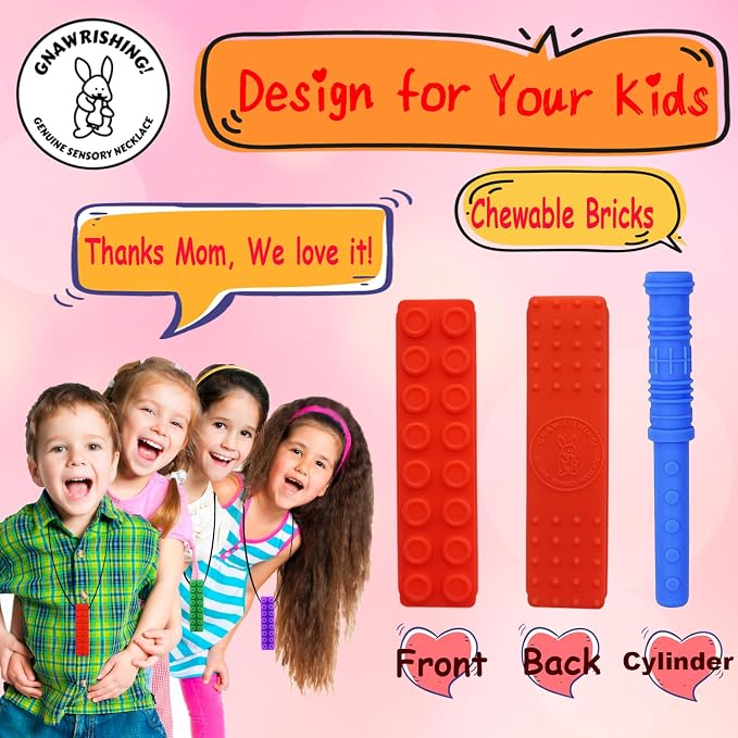 Chew Necklace by GNAWRISHING 6-Pieces Perfect for Autistic, ADHD, SPD, Oral Motor Children, Kids, Boys, and Girls (Tough, Long-Lasting)