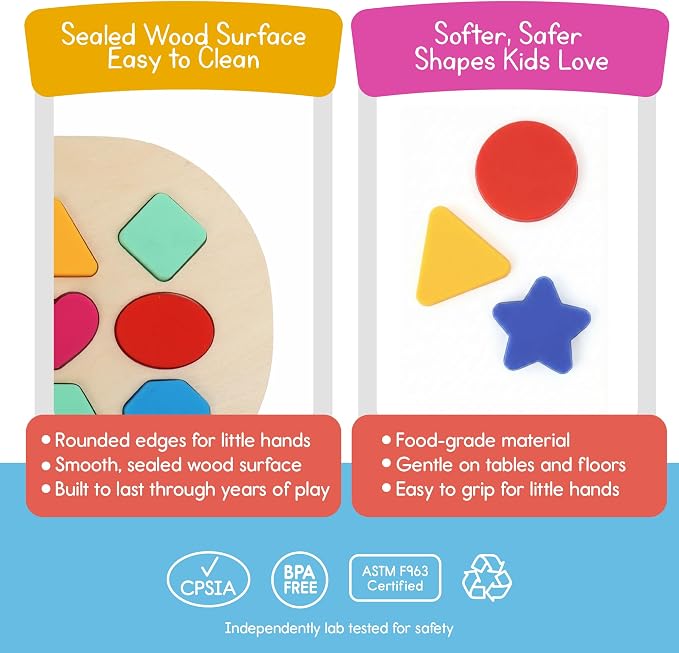 7 Days of Play Shape Puzzle for Kids, Sensory Bin Insert for Sensory Tables, Silicone Geometric Shapes, Wooden Fine Motor Learning Toy