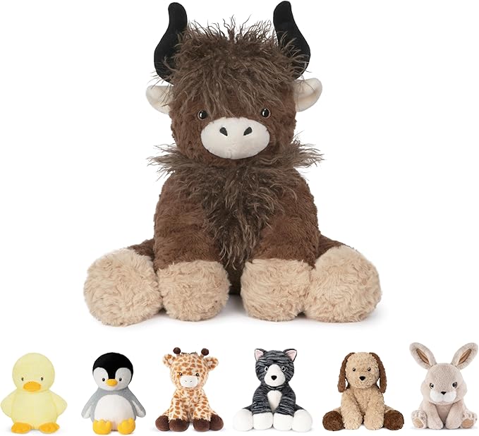 Niuniu Daddy 14" | 3.5 Pound Weighted Stuffed Animals Highland Cow, Weighted Plush Stuffy Realistic Scottish Cow Plushy for Kids Adults, Sitting Cuddly Toy Huggable Gift for Everyday Comfort