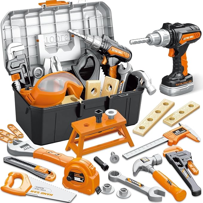 46 PCS Kids Tool Set with Portable Tool Box & Electronic Toy Drill, Toddler Tool Set, Christmas Birthday Gifts for Boys Ages 3 4 5 6, Construction Toys Tools for Kids