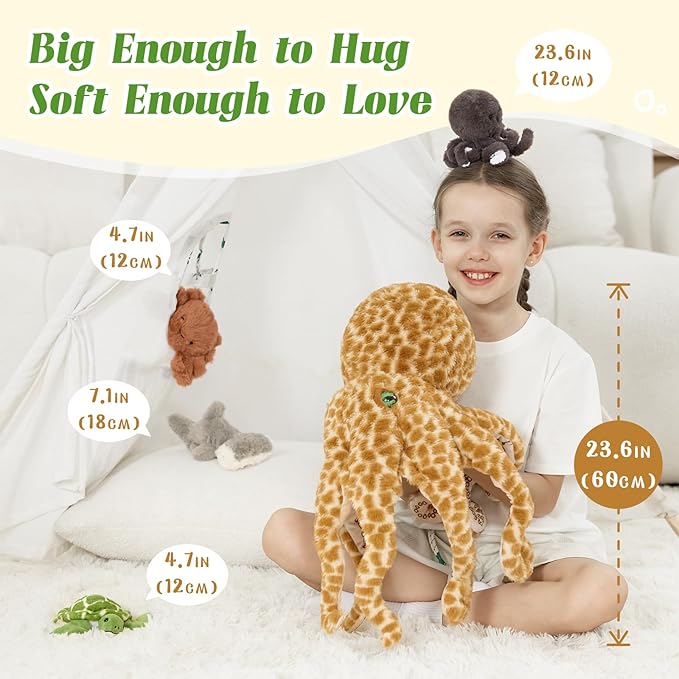5 Piece Giant Octopus Plush Set, 23.6 Inch Mom Octopus Stuffed Animal with 4 Mini Ocean Animal Plush Toys, Soft Sea Creature Plush with Zippered Head Pouch, Ocean Gift for Kids