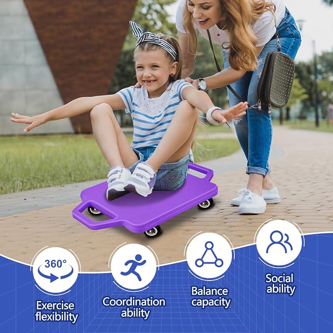 4 Pcs Sports Scooter Board with Handles for Kids Non-Marring Plastic Casters Floor Scooter Board Sitting Scooter Board Boy Girl Gym Indoor Outdoor Activities Play(Red,Green,Purple,Blue)