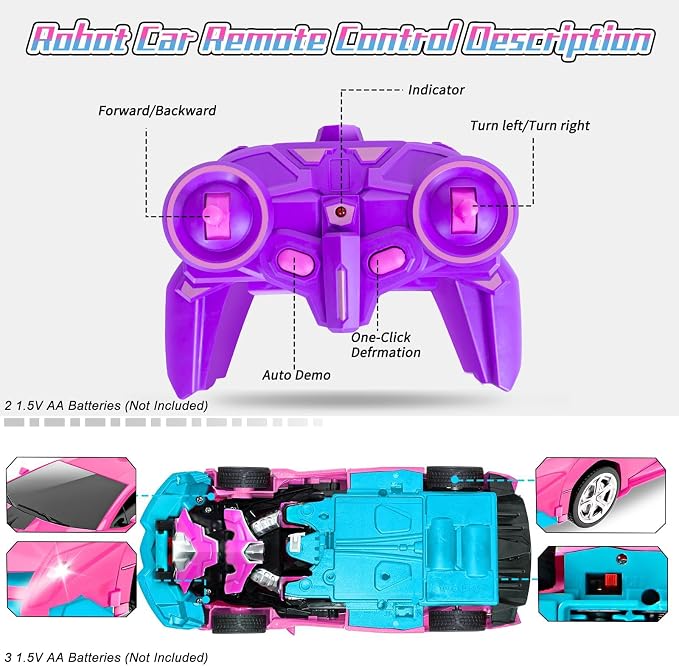 Pink Remote Control Car for Girls Age 3 4 5 6 7 8, Transformation Rc Cars Racing Car with One-Button Deformation & 360°Drifting Robot Toys for Birthday(Pink)