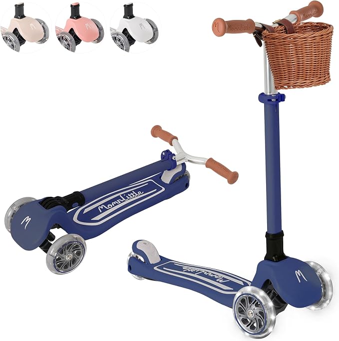 MomnLittle 3 Wheel Toddler Scooter for Kids Ages 3-10, Foldable Scooter with LED Light-Up Wheels, Lean-to-Steer Design, Mini Basket & 4 Adjustable Heights, Scooter for Boys and Girls
