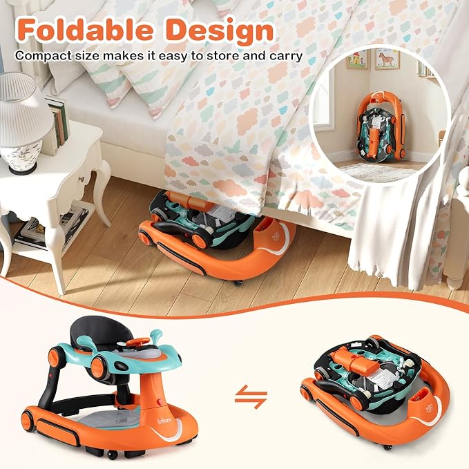 BABY JOY 7-in-1 Baby Walker, Foldable Baby Walker and Bouncer Combo with Handle, Adjustable Height & Speed, Music, Lights, Rocker/Push Mode, Baby Walker with Wheels for Boys Girls 7-18 Months (Orange)