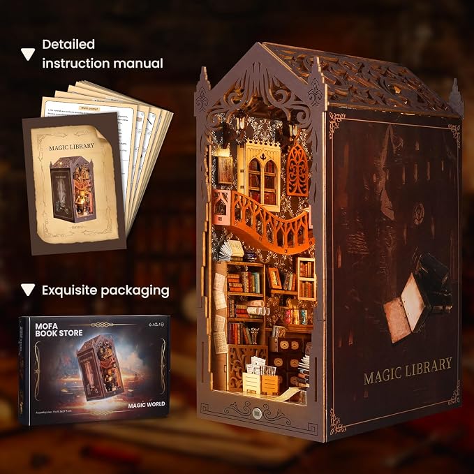 Book Nook Kit - DIY Miniature Dollhouse with LED Light, 3D Wooden Puzzle Kit for Adults & Teens, Library Shelf Decor (200+ Pieces)