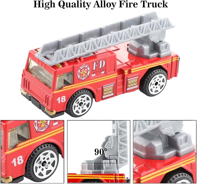 BenRich 6Pcs Mini Die Cast Car 1/64 Scale Alloy Fire Truck Vehicle Metal Model Toy Set, Ladder, Water Tower Truck, Ambulance, Transport, Patrol Car, Model Toys for Kid Boys Girls Birthday Xmas Present