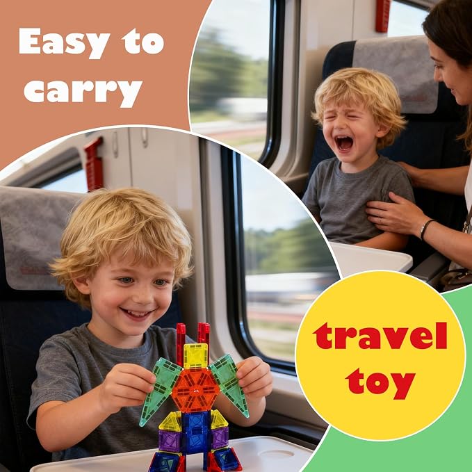 42PCS Mini Magnetic Tiles Building Blocks Set with Portable Iron Case, STEM Travel Toys for Kids Ages 3+, Educational Magnet Construction Puzzles for Boys and Girls,Toddler Puzzle Birthday Gift Toys