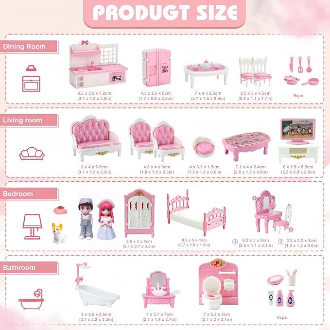 Princess Dollhouse Furniture Set, 48 Piece Luxury Miniature Accessories Collection with Living Room, Bathroom, Bedroom，Kitchen, TV Entertainment Set (Pink)