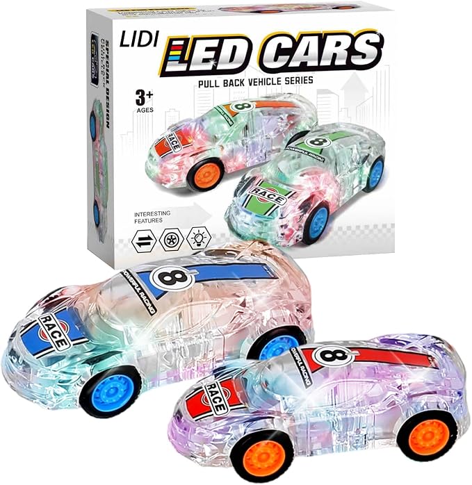 LIDI 2 Pack LED Light up Pull Back Race Car Toys Friction Power Car Toy Set | Toddlers Baby Kids Boy Birthday Gifts Easter Basket Stuffers, Christmas Party Gift