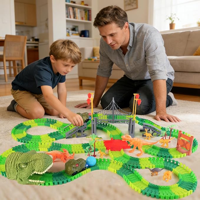 BEMITON Dinosaur Toys Race Car Track, Create a Dinosaur World Road Race, Flexible Dinosaur Track Toys Set, Christmas Birthday Gifts for 3 4 5 6 7 Years Old Boys Girls Kids