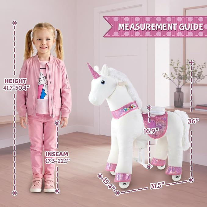 WondeRides Ride on Unicorn Horse White Pony Cycle Toy Size 4 for 4-9 Years, 36 Inch Height Riding Pony Unicorn with Wheels Mechanical Walking Rocking Plush Animal as Birthday Gifts for Children M432-1