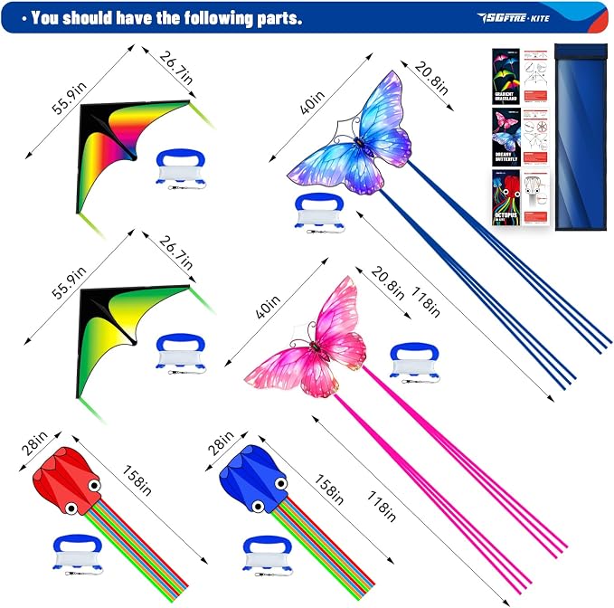 SGftre 3 Piece Set Butterfly Delta Octopus Kites for Kids and Adults，Easy to Fly for Outdoor Adults Children Line Kite for Kids Toy (Delta 2+Octopus 2+Butterfly 2, 6)