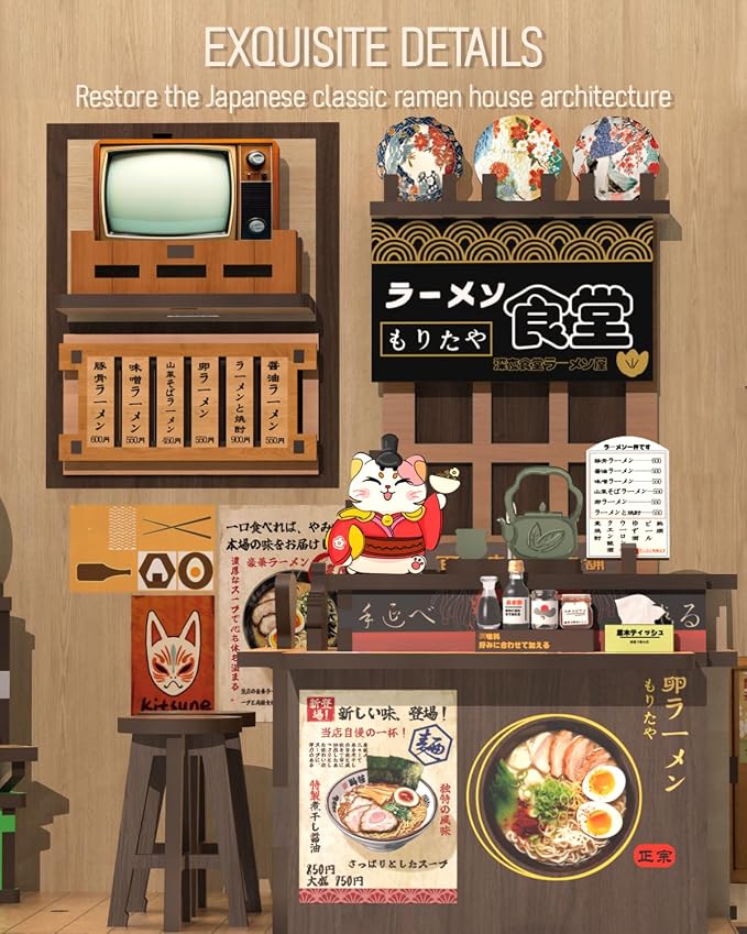 Cutefun Book Nook Kit - DIY Miniature House Kit for Adults, Japanese 3D Wooden Puzzle Tiny House with LED, Dollhouse Kit Bookshelf Insert Decor Creative Gifts for Teens and Beginners (Morita Ramen)