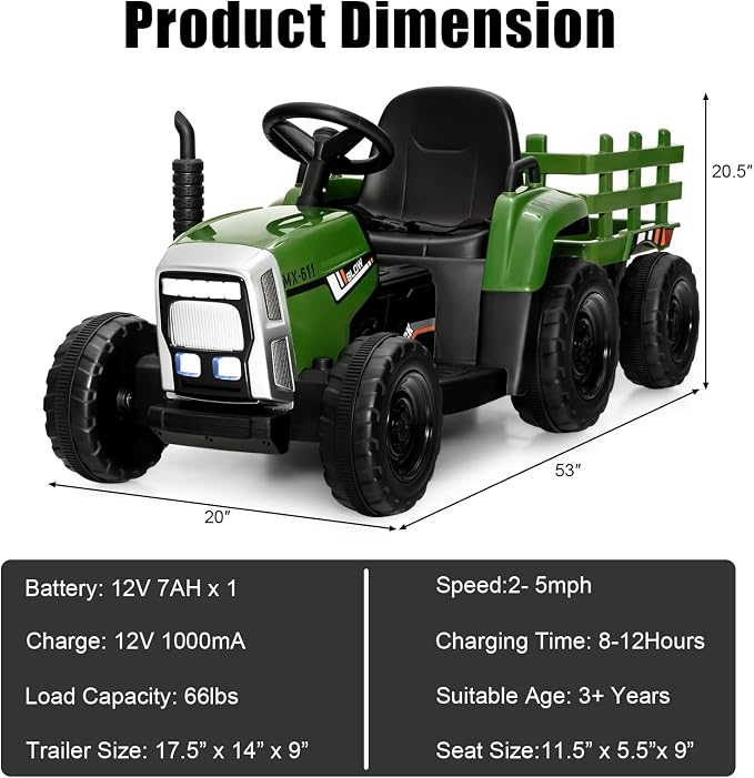 Costzon Ride on Tractor with Detachable Trailer, Kids' Electric Vehicles w/3-Gear-Shift Ground Loader, Wireless Design & USB, 7 LED Headlights, Remote Control Tractor Toy for Kids 3+ (12V, Dark Green)