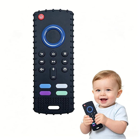 SOLIFEGOBLE Silicone TV Remote Teething Toy, BPA-Free Food Grade Teether for Babies 6-24 Months, Soft Chew Toy with Textured Buttons, Teething Relief & Sensory Play Black