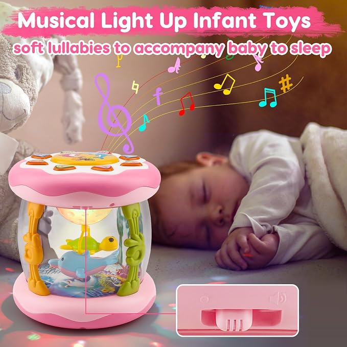 Baby Girl Toys Ocean Projector Rotating Musical Light Up Tummy Time Toy Infant Aquarium Crawling Toys Babies Girls First Birthday Newborn Shower Gifts