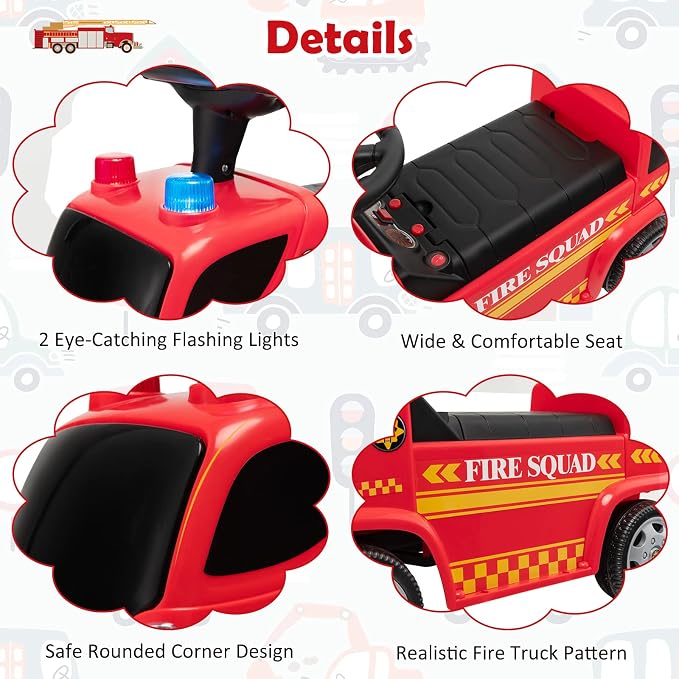 HONEY JOY Ride On Push Car with Bubble Maker, Fire Engine Push Cars for Toddlers w/Horn, Music, Lights, Under Seat Storage, Foot-to-Floor Ride On Fire Truck Toy for Kids Boys Girls, Red