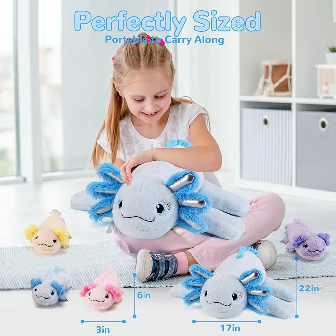 gnomantic Axolotl Stuffed Animals with Babies Inside, Mommy Toy for Kids | 5-Piece set: 1 mommy axolotl + 4 baby axolotls inside. Unzip belly to reveal surprise babies. Ultra-soft, ages 3-8.