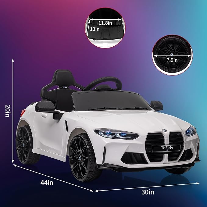 12V Ride On Car for Kids，Licensed BMW M4 Battery Powered Vehicle Car for Boys and Girls, with Remote Control,3 Speed,Led Light,(White)