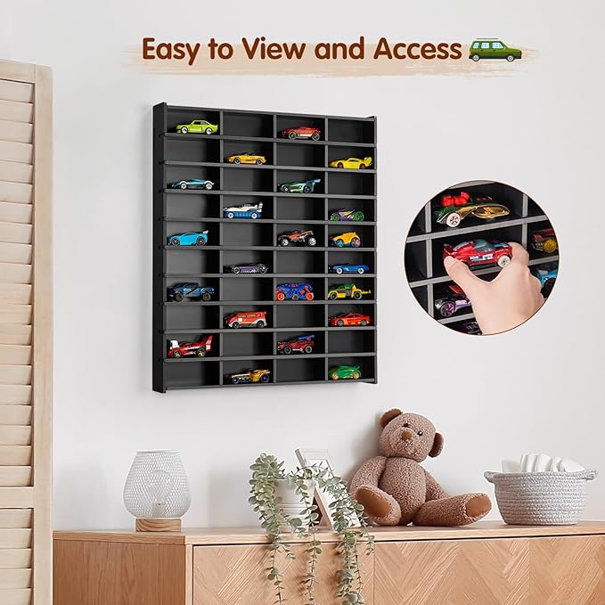 Krafetto Toy Car Display Shelf, Holds 40 Diecast 1/64 Toy Cars, Wall Mount Model Car Storage Organize Case, Black