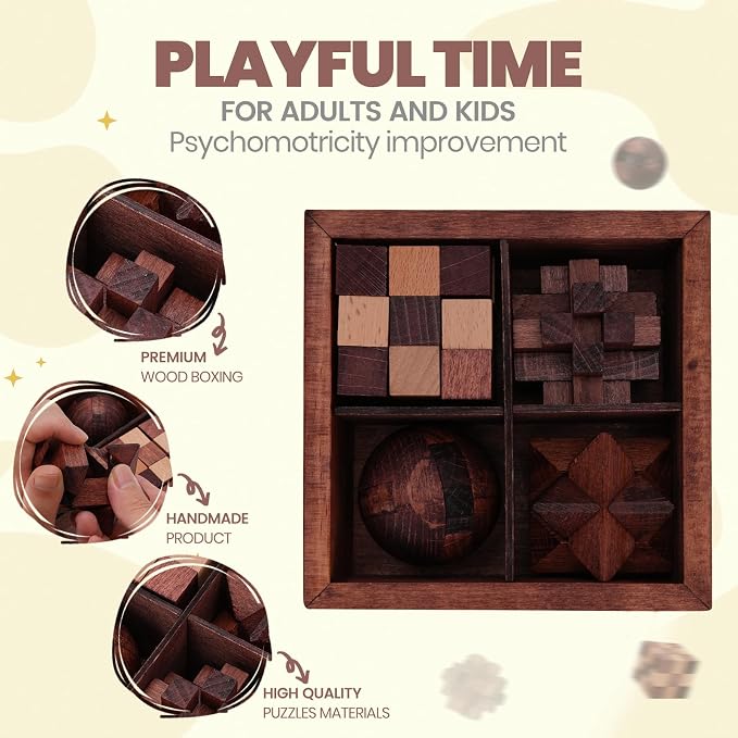 Wooden Brain Teaser Puzzles for Adults Teens - Brain Teaser Puzzles with Wooden Box 3D Puzzle Game Toys for Adults Teens - Unlock Interlocking Puzzle Adults Teens IQ Education Smart Toys