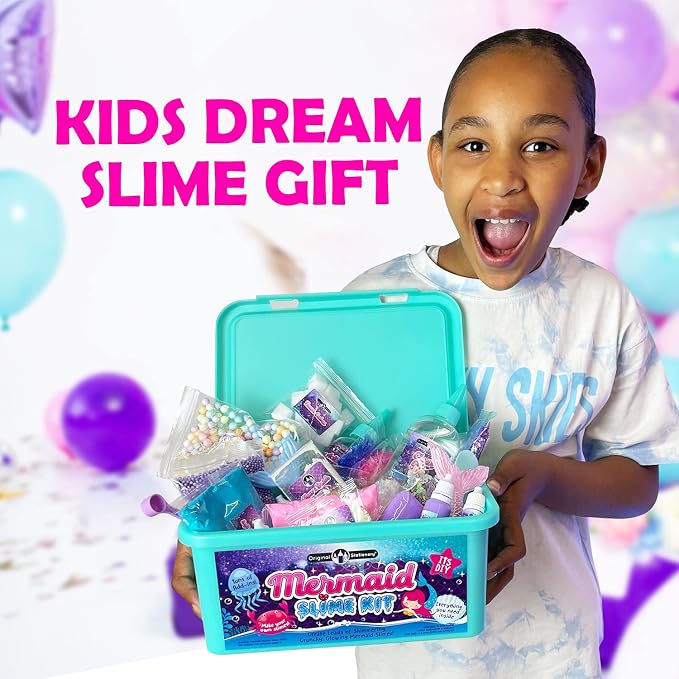 Original Stationery Mermaid Slime Kit - 35-Piece Multicolor Set, Ages 7+ - Glow-in-The-Dark Butter & Glitter Mix with Foam Cubes & Mermaid Tail Add-Ins - DIY Slime Making Kit for Kids & Girls