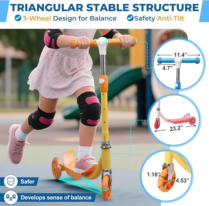 Kids Kick Scooter with Adjustable Height & LED Flash Wheels | 3 Growing Levels for Ages 3-6 Years | Outdoor Fun for Boys & Girls (37 to 50 Inches)