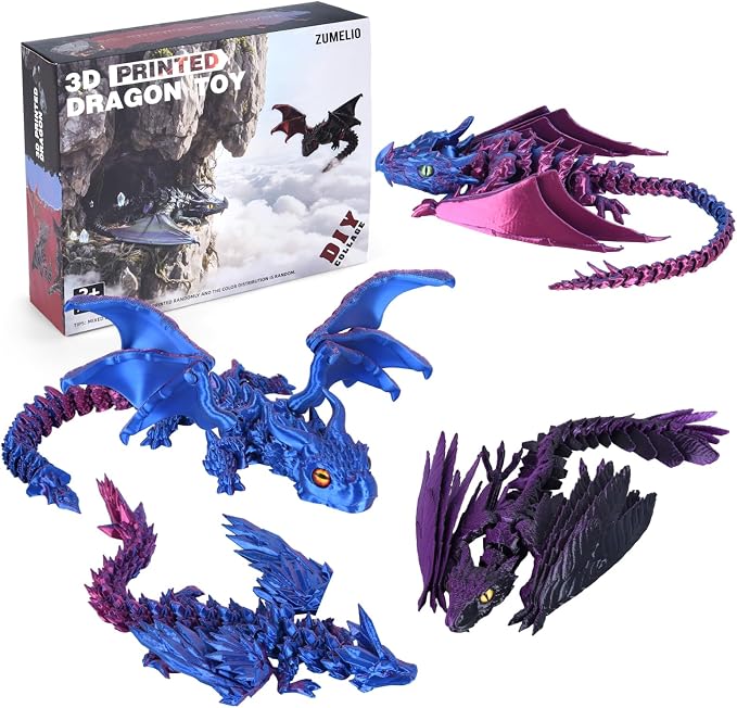 4PCS 12 Inch 3D Printed Dragons, Feathered Wyvern Figure with Wings, Dragon Desk Decor, Collectible Toy for Dragon Lovers(Purple-B)
