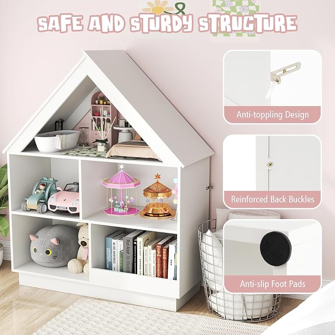 Costzon Kids Dollhouse Bookshelf, 3-Tier Wooden Open Bookcase for Toys and Books, Baby Bookshelf and Toy Storage Organizer, Book Shelf for Kids Rooms, Playroom, Nursery, Classroom (White)