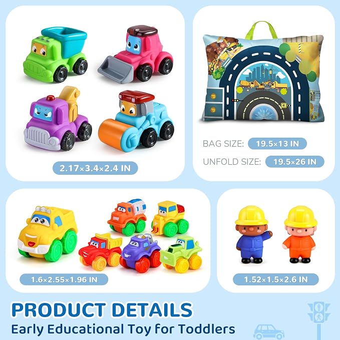 bessome Soft Rubber Cars Toy for 1+ Year Old Boy with Playmat (Storage Bag)|12 PCS Construction Cars Baby Toys for Toddler Toys Age 18 Months |First Birthday Gift for 2 3 Year Old Boy