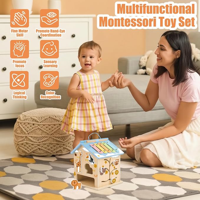 Wooden Activity Cube Montessori Toys for 6 Months Old 1 2 3 Years Toddlers Boys Girls 8-in-1 Baby Activity Center Birthday Gifts Shape Sorter Educational Learning Wood Cube