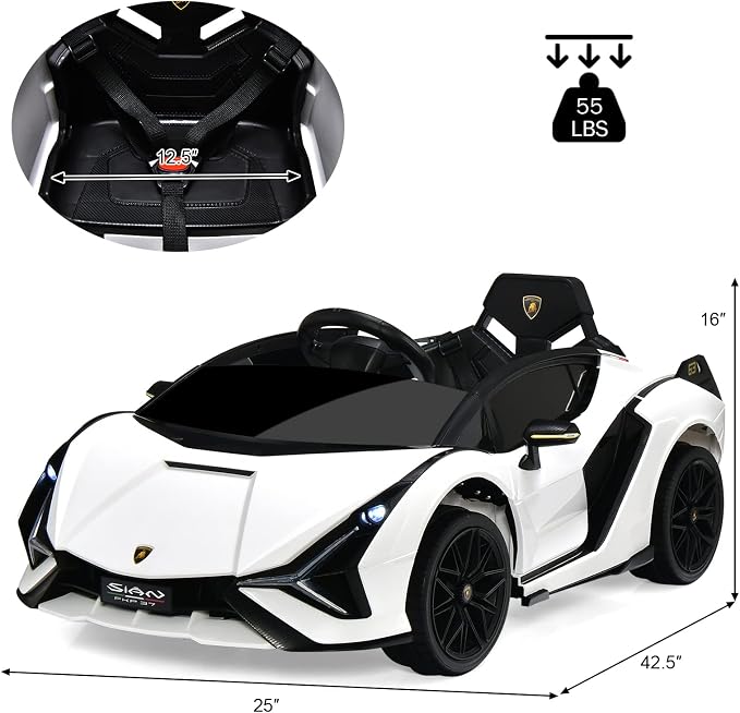 INFANS 12V Licensed Lamborghini Sian Kids Ride On Car with Parent Remote Control, Spring Suspension, MP3 Player, Electric Toy Roadster Carbon Fiber Textured for Toddler (White)