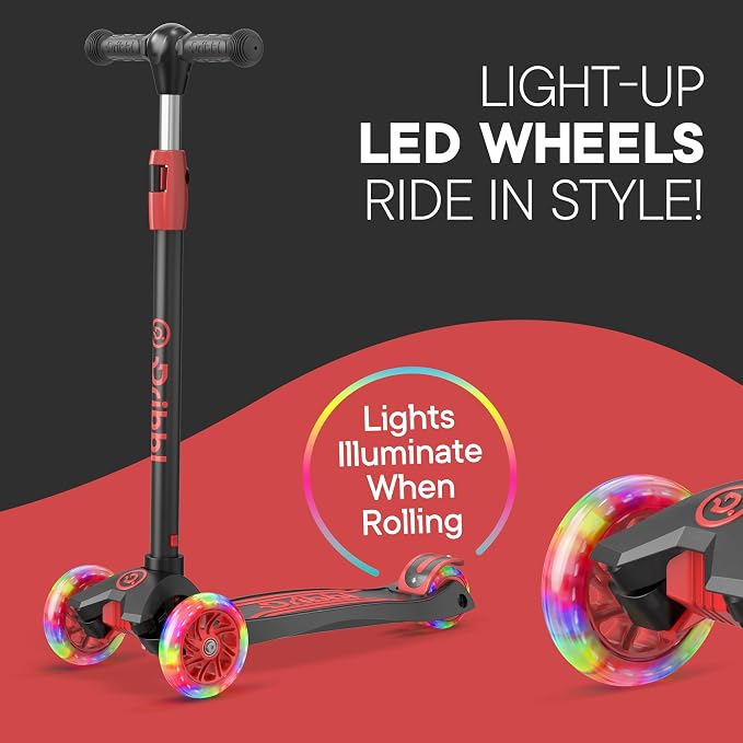 Dribbl 3-Wheel Kids Scooter - Lean-to-Steer Technology, Adjustable Height Handlebar, Anti-Slip Deck, Scooter for Boys & Girls Ages 3+, Child Safety Approved, Support Rider Up To 165 lbs, Black and Red