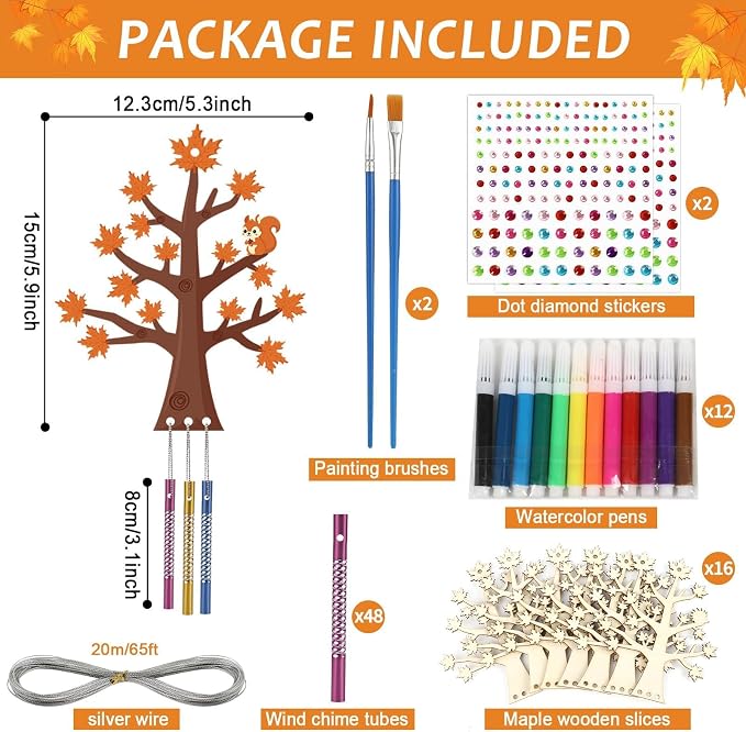 gisgfim 16 Pack Fall Wind Chime Crafts Kits for Kids Make Your Own Thanksgiving Maple Tree Wind Chime Wooden DIY Arts and Crafts for Autumn Party School Classroom Decorations Supplies Birthday Favors