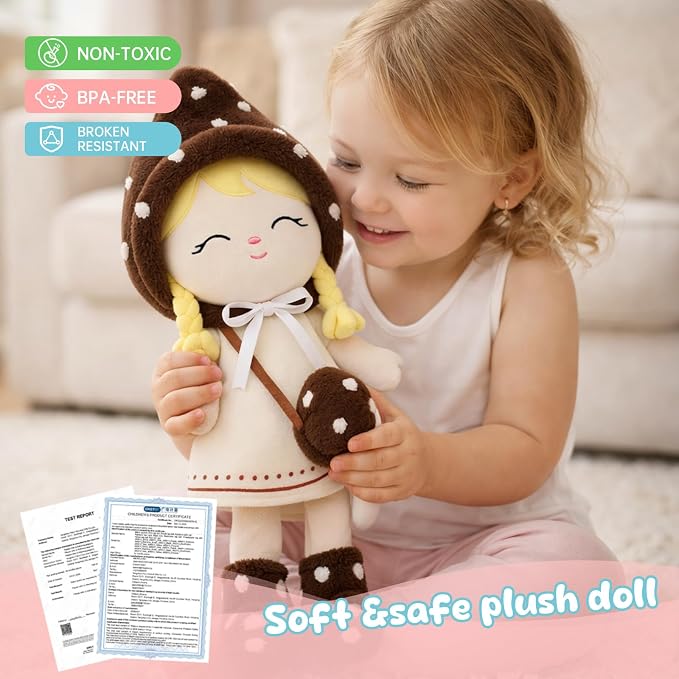 Soft Baby Doll Toys (16'') Baby Rag Doll for Girls Birthday Gifts Cuddly Plush Toys for Toddler Kids (Mushroom Girl)
