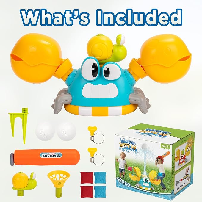 Water Sprinkler for Kids, 3-in-1 Crab Outdoor Toy with Toss Game, Batting Game & Splashing Fun, Attaches to Garden Hose, Summer Backyard Lawn Toy for Boys & Girls Ages 3-8 (Blue Crab)