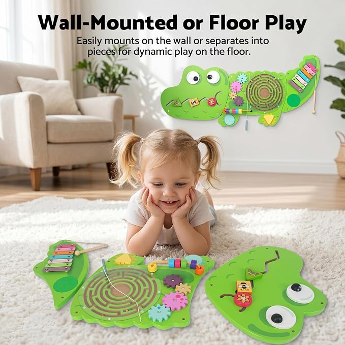 WOODENFUN Wooden Activity Wall Busy Board for Toddlers, 8 in 1 Crocodile Montessori Sensory Wall Panel with Bead Maze, Baby Activity Center Learning Toys for Boys Girls