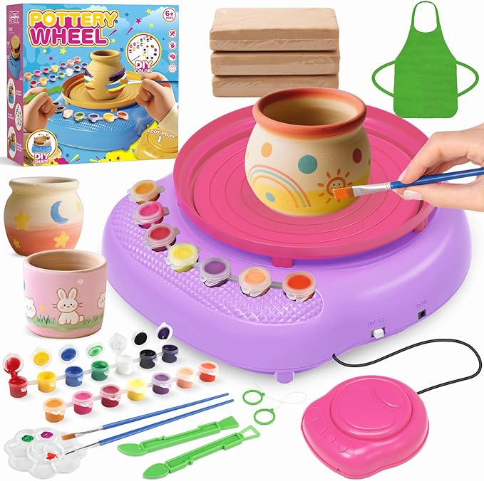 Pottery Wheel for Kids with Complete Clay Kit,Beginner Pottery Painting Set with Air Dry Clay,12 Paints,Sculpting Tools,Apron and Guide,Arts and Crafts Christmas Birthday Gift for Girls Boys Ages 6-12