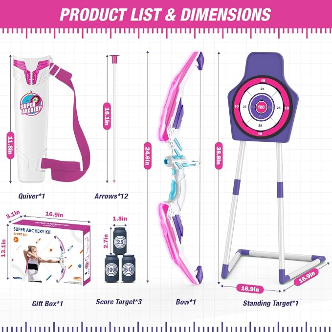 HYES Bow and Arrow for Kids 4-6, LED Light Up Archery Set with 12 Suction Cup Arrows, 1 Standing Target, 3 Score Targets&1 Quiver, Indoor Outdoor Sport for Boys Girls Ages 8-12, Purple
