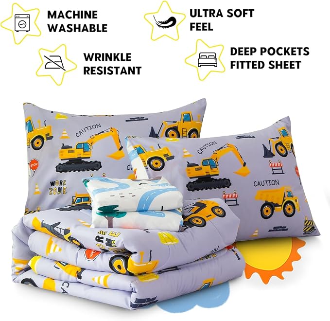 Holawakaka Construction Truck 5-Piece Full Bed-in-A-Bag Set, Boys Comforter & Sheet Set with Excavator & Tractor Print, Kids Bedding Collection, Machine Washable, Gift for Kids