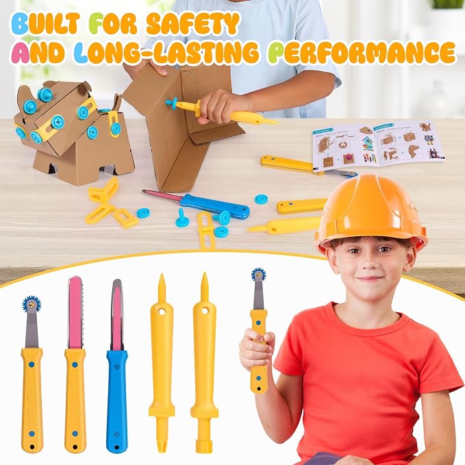 Zentara Cardboard Construction Toolbox Set with Wood Handle – 401PCS Complete Building Kit with Safe Cardboard Cutters for DIY Craft Item | STEM and STEAM Educational Toys for Boys and Girls Age 5+