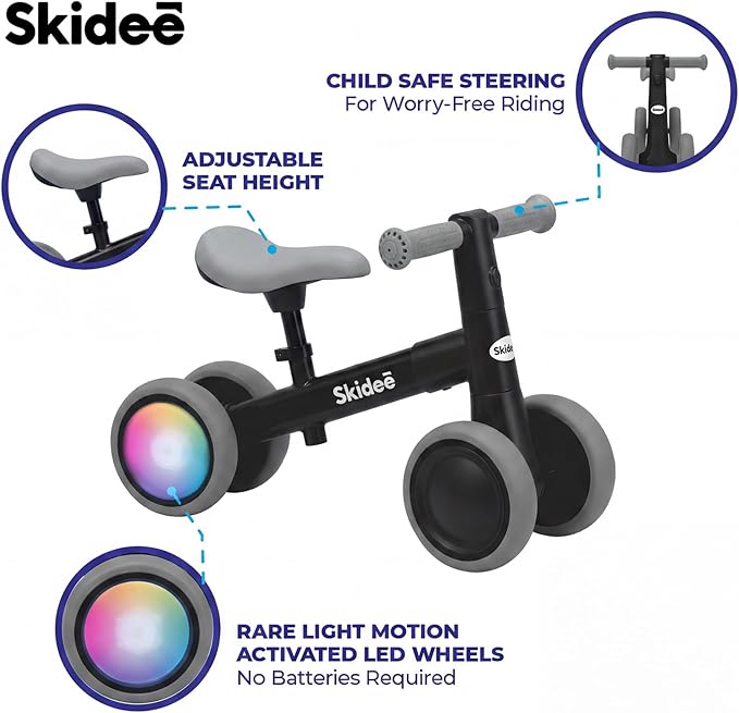 SKIDEE Toddler Balance Bike 1-3, 4-Wheel Balance Bike with Rare Light-Motion-Activated LED Wheels, Adjustable Height & Child Safe Steering, Lightweight Ride-On Toy Training Bike for Boys & Girls