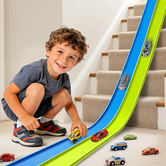 Flexible Race Track Toys for Kids, 15 Ft Flex Tracks Starter Set with Strong Suction Cups - Compatible with Hot Wheels and Diecast 1/64th Cars, Rolls up Portable Race Car Ramp Track (Blue Green)
