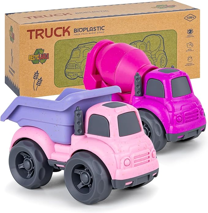 Aigitoy Dump Truck Toys for 3 Year Old Boys, BPA Free, Phthalates Free, PVC, Dump Truck, Mixer Cement, Easter Christmas Birthday Gifts for 2 3 4 Year Boy Girl. Dishwasher Safe,Recycled Plastic (Pink)