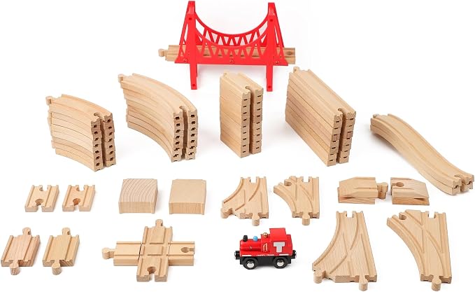 Wooden Train Tracks 60 Piece Set, Track Expansion Accessories for Toddlers 3-5 - 100% Compatible with All Major Brands Including Thomas & Brio Wooden Railway System