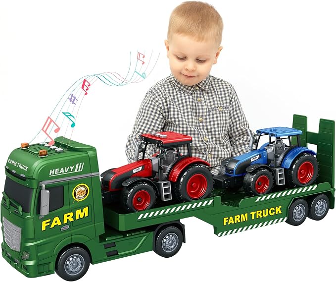 3-in-1 Farm Truck Toys for Kids Ages 3-6 – 25.6 Inch Extra-Large Inertia Semi Trailer with Lights & Sounds, Detachable Tractor and Light & Sound Farm Vehicle